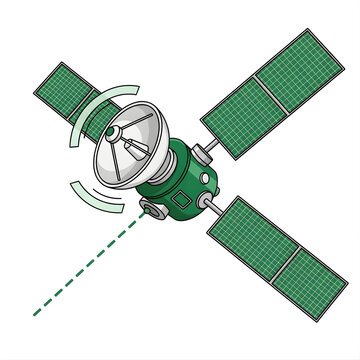 Detailed 2D illustration of a green orbital communication satellite with three large solar panels and a parabolic dish antenna, transmitting signals, isolated on white background.