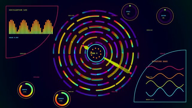 A digital Agile backlog dashboard display presents multiple circular wave patterns that shift and cycle continuously across these three panels providing complex data visualization interface views
