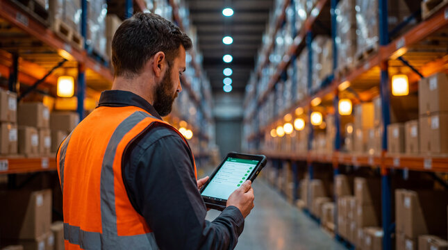 A warehouse worker wearing a high-visibility vest checks inventory levels on a digital tablet while walking through a large storage facility with tall shelves.