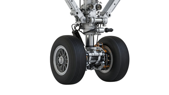Airplane landing gear with dual wheels and hydraulic struts isolated on white
