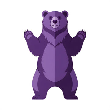 Purple bear standing on hind legs with raised paws, stylized flat vector illustration isolated on white background. Modern graphic design of a grizzly or forest bear mascot.