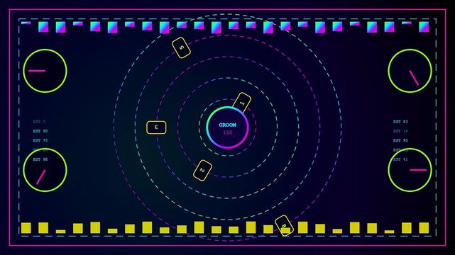 Digital displays showing an agile backlog with rotating circular gauges and dynamic neon interface elements changing states to visualize operational data flow within a monitor