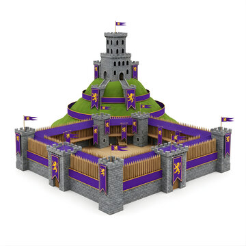 3D isometric render of a medieval motte and bailey castle featuring a central stone tower on a grassy hill, outer wooden palisades, stone battlements, and purple lion banners.