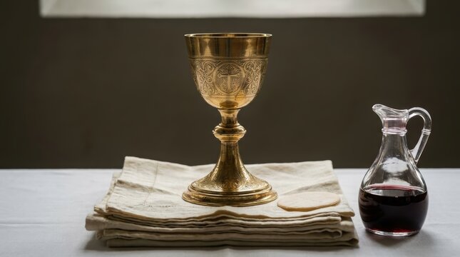 Golden chalice with cross engraving on folded altar cloth with communion bread and wine cruet. Eucharist and Holy Communion still life. Christian liturgy and sacrament.