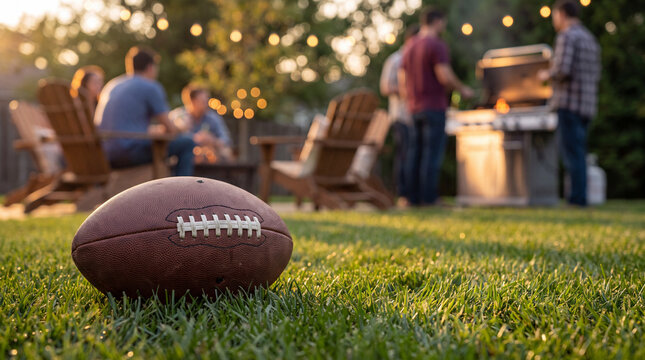 A leather American football rests on the green grass during a blurred outdoor backyard barbecue gathering with friends at sunset.
