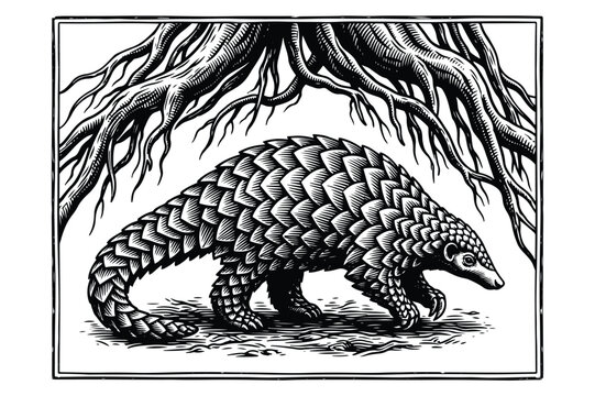Ink style drawing of a pangolin walking beneath tree roots with pangolin