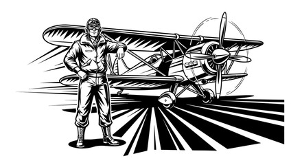 Vintage Pilot Standing Next to Retro Biplane Aircraft Illustration © kiki__