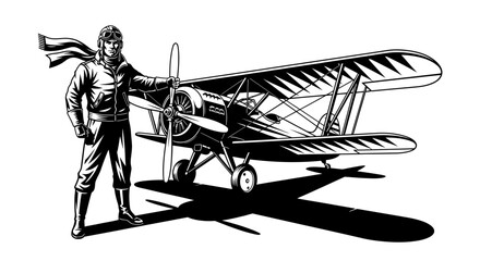 Vintage Aviator Standing Next to a Classic Biplane Illustration © kiki__
