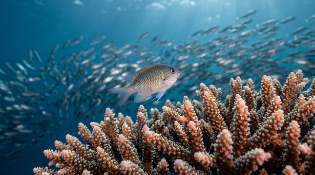 A solitary small tropical fish swims near healthy coral reefs, with a large school of fish blurred in the background in the deep blue tropical ocean.