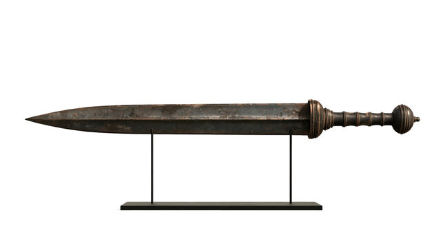 Ancient Roman Gladius sword on display stand against white background studio shot