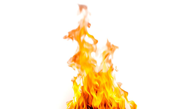 Bright vibrant orange flames rising against a clean pure white background surface