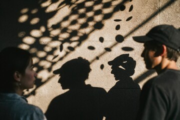 Fototapeta premium Shadow silhouettes cast against textured stone wall reveal nuanced nonverbal communication, urban dialogue between young people under dappled sunlight, projected profile contours interact with perforated dot patterns and diagonal shade lines, two persons flank the composition while their dark outlines engage in psychological conversation, subtle tension and interpersonal resonance unfold across monochrome stone relief, playful sunbeam spots create abstract visual cadence, intimate youth culture confrontation meets architectural chiaroscuro, contemplative street atmosphere merges human connection with transient light geometry, symbolic exploration of internal thoughts versus external projections, atmospheric golden hour ambient illuminates concrete facade, quiet emotional interplay of proximity and emotional distance, unspoken social dynamics in urban public space, AI-generated, AI generated