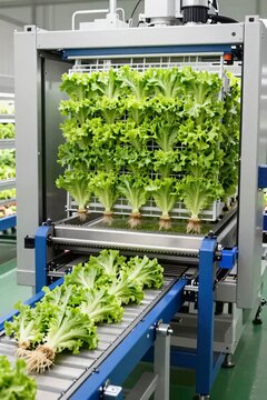 Automated hydroponic lettuce harvest on industrial conveyor belts transforms modern vertical agriculture, combining robotics with precision farming, pristine green salads arranged in vertical racks feed into mechanized sorting lines, stainless steel frames and blue mechanical actuators drive efficiency in controlled environment agriculture, fresh root systems showcase soilless cultivation techniques while the clean factory floor underscores modern biosecurity standards in commercial food production, crisp leaves move through systematic processing as a representation of technological disruption overcoming traditional agronomic constraints, industrial lighting illuminates the vivid foliage, smart agritech machinery eliminates manual handling to ensure food safety, sustainable nutrition strategies merge with high volume processing, modern supply chain engineering optimizes perishable goods distribution, AI-generated, AI generated