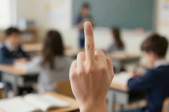 Middle finger gesture in classroom during school lesson, student rebellion against authority, defiance of institutional education, juvenile protest, youth displaying offensive nonverbal communication toward pedagogy, blurred pupils studying quietly at wooden desks while an isolated act of insubordination breaks academic conformity, rejection of traditional learning systems, adolescent frustration with rigid curricular standards, silent conflict between disciplinary order and individual provocation in modern education, emotional detachment, psychological burden in scholastic environments, symbolic rejection of hierarchy, social estrangement among teenagers, classroom dynamics between compliance and disruptive dissent, anonymous hand dominating the foreground in sharp focus against defocused chalkboard and teacher, AI-generated, AI generated