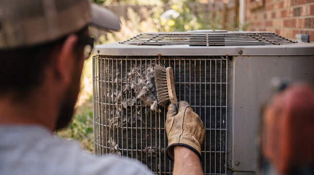 A professional technician wears work gloves and cleans accumulated debris and dust from a residential outdoor air conditioner condenser unit with a wire brush.