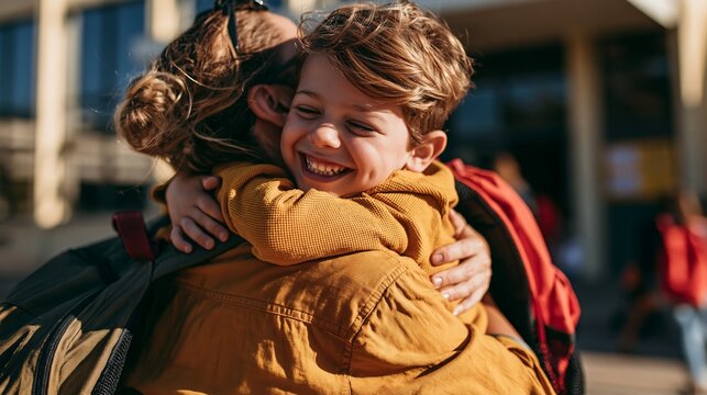 Young mother hugs son after his first day of school outside the building Generative AI