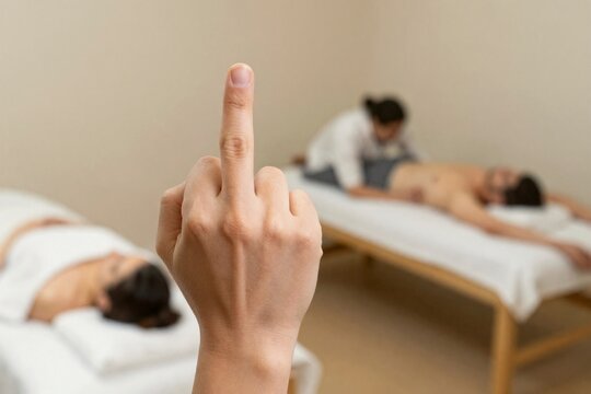 Rebellious middle finger gesture before relaxing spa treatment, rejecting wellness culture, disruptive nonverbal provocation, stress relief defiance, stark conceptual contradiction between visceral aggression and meditative tranquility, an anonymous hand making an obscene sign while clients receive physical therapy on tables in soft background blur, tension between chronic workplace exhaustion and superficial selfcare expectations, emotional dissonance showing genuine anger versus artificial calm atmospheres, psychological refusal to conform to toxic positivity, critique of the wellness economy where stress relief becomes another commodified performance, indoor setting, shallow depth of field, sharp foreground focus, subdued warm lighting, AI-generated, AI generated