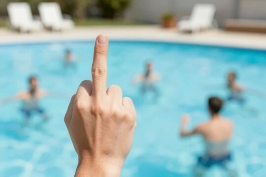 Middle finger hand gesture of rejection against blurred tourists in a swimming pool, showing social isolation and contempt amidst sunny resort leisure, emotional dissonance between collective recreational joy and individual hostility, harsh daylight illuminates the skin texture of the defying hand, defocused swimmers enjoying aquatic activities in turquoise water create a stark contrast between carefree community and aggressive alienation, holiday dispute and summer tourism stress, antisocial behavior breaking the harmony of luxury travel culture, poolside sun loungers frame the psychological tension of misanthropy and social exhaustion, AI-generated, AI generated