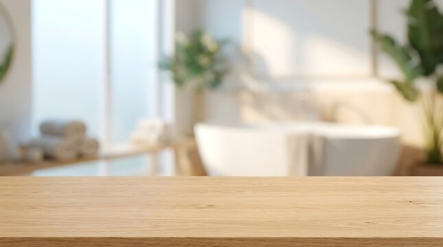 Empty Oak Wood Tabletop over Blurred Bright Luxury Bathroom Background for Cosmetic Product Placement and Home Decor.