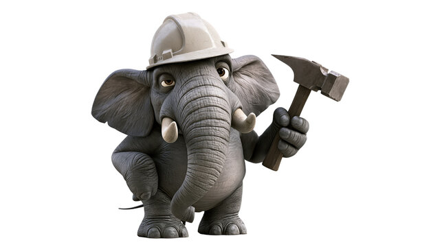 Elephant worker character wearing a hard hat and holding a construction hammer