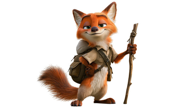 Animated fox explorer character wearing a backpack and holding a wooden walking stick