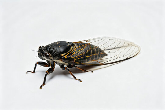 A close-up shot of a black cicada, showing its transparent veined wings and dark exoskeleton against a plain white background.