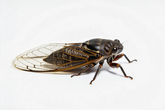 A close-up, sharp view of a single cicada, a dark-bodied insect with transparent veined wings, isolated on a plain white background.