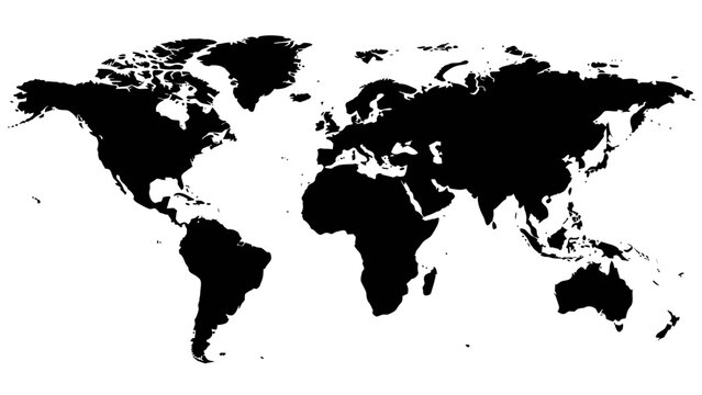 Black Silhouette World Map Isolated on White Background