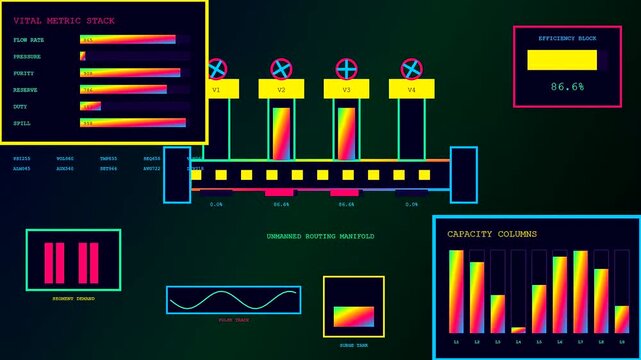An autonomous workflow screen displaying vibrant data visualizations of digital network systems and fluctuating performance metrics shown in a dark computer interface environment with glowing bars