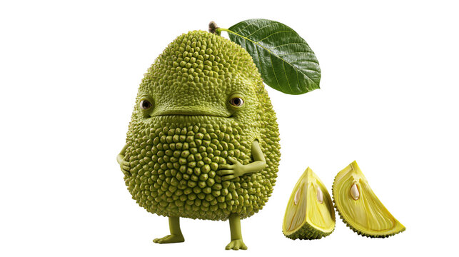 Cute jackfruit character with arms and legs standing next to sliced fruit pieces
