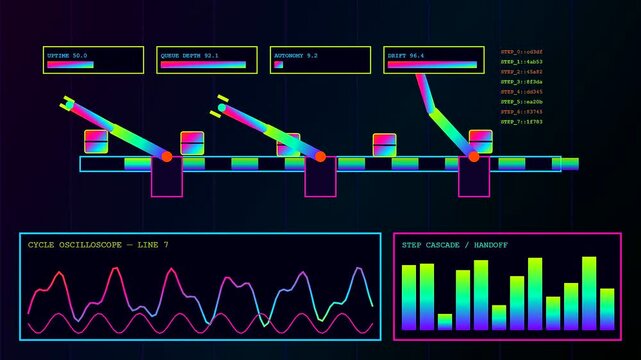 An autonomous workflow dashboard displays robotic arms moving mechanical parts across a conveyor belt in a digital environment with oscillating data charts and neon interface metrics