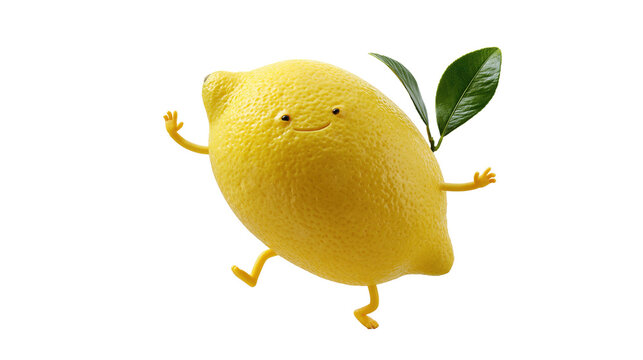 Cute cartoon lemon character walking cheerfully against a clean white background