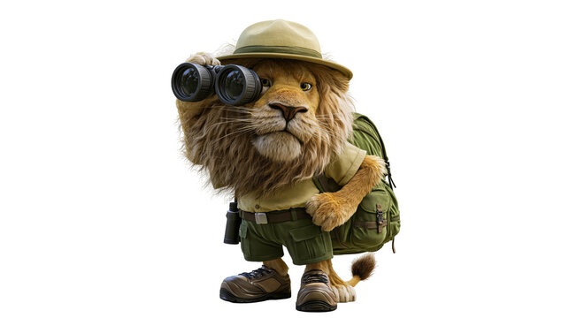 Lion explorer character wearing safari gear and backpack holding binoculars isolated