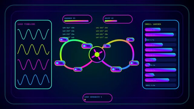 Digital displays showing an autonomous workflow interface with glowing infinity loops data charts and sliding progress bars changing in a dark cinematic electronic software environment
