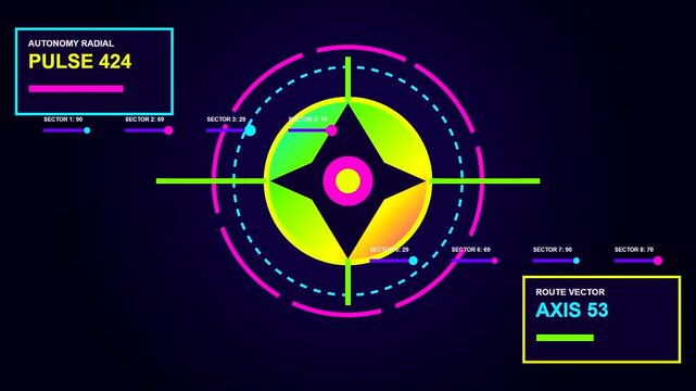 Data stream visualization showing an autonomous workflow interface with neon graphical circles pulse icons and changing status values displayed on a dark blue digital monitor