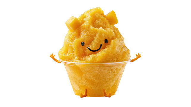 Cute orange shaved ice dessert character smiling in plastic cup against white background