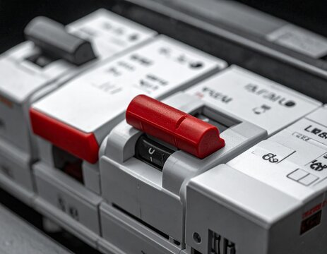 Red main circuit breaker switch on a panel board in a residential electrical control box for safety and power distribution management