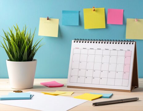 Desktop Calendar and Sticky Notes on a Minimalist Workstation for Efficient Daily Planning and Task Organization