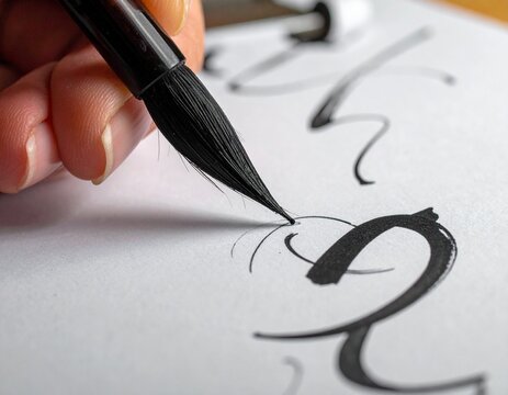 Close-up of a person practicing artistic calligraphy with a black ink brush on white paper