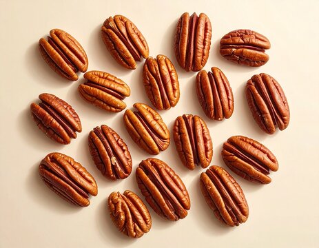 Pecan Nuts Arranged on Beige Background in Minimal Top View