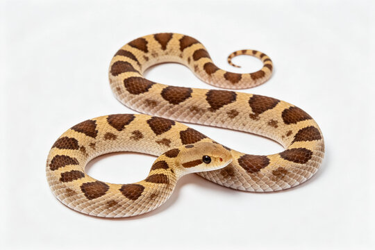 A patterned snake with dark brown markings rests on a plain white background, showing its scaled body and distinct patterning.
