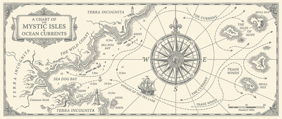 Obraz premium Vintage Ocean Navigation Map with Compass and Islands