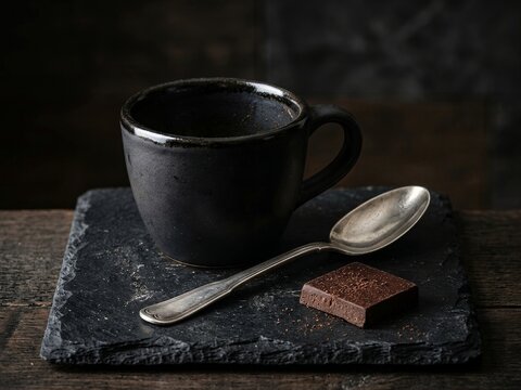 Dark espresso cup resting on rustic slate board with antique silver spoon and square piece of gourmet cocoa candy providing luxurious mood for afternoon caffeine break in cozy kitchen atmosphere