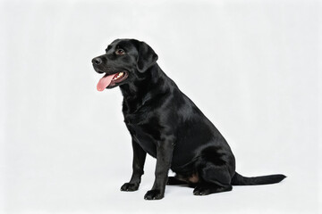 Obraz premium A black Labrador retriever sits calmly, panting, against a plain white studio background.
