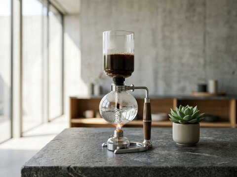 A vintage glass vacuum coffee maker sits on a stone table with a small succulent plant while the brewing process releases rich aromas within a spacious sunlit room featuring warm wooden shelving