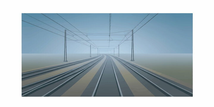 Endless Train Tracks Vanishing into the Horizon Under a Hazy Sky
