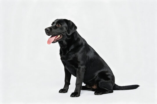 A black Labrador retriever sits calmly, panting, against a plain white studio background.