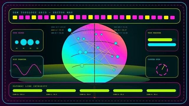 An autumn fog blanket overlay illuminates these oscillating digital spheres showing shifting patterns and glowing data streams within this evolving complex multi screen motion graphics sequence