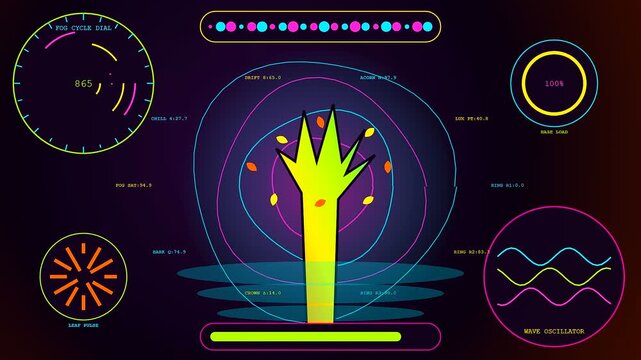 An autumn fog blanket surrounds a neon digital tree interface showcasing fluctuating light pulse metrics alongside circular waveform displays and abstract glowing botanical data analytics patterns