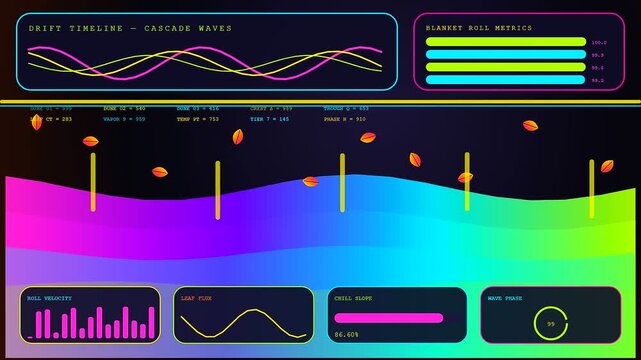 An intricate autumn fog blanket visualization shows moving data streams atop vibrant flowing gradients with scattered falling orange leaves under a dark digital interface display